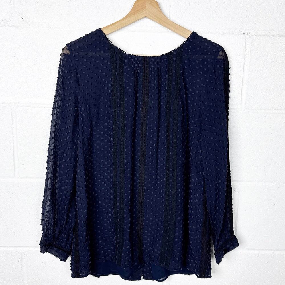 J‎ Crew Silk Cotton Swiss Dot Blouse Womens 8 Navy Blue Sheer Button Back
